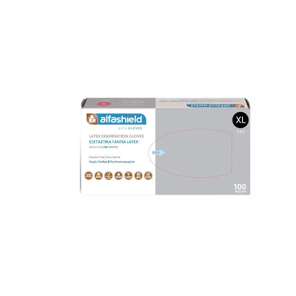 Alfashield Alfa Gloves Εξεταστικά Γάντια Latex Χωρίς Πούδρα X-Large 100 τεμάχια