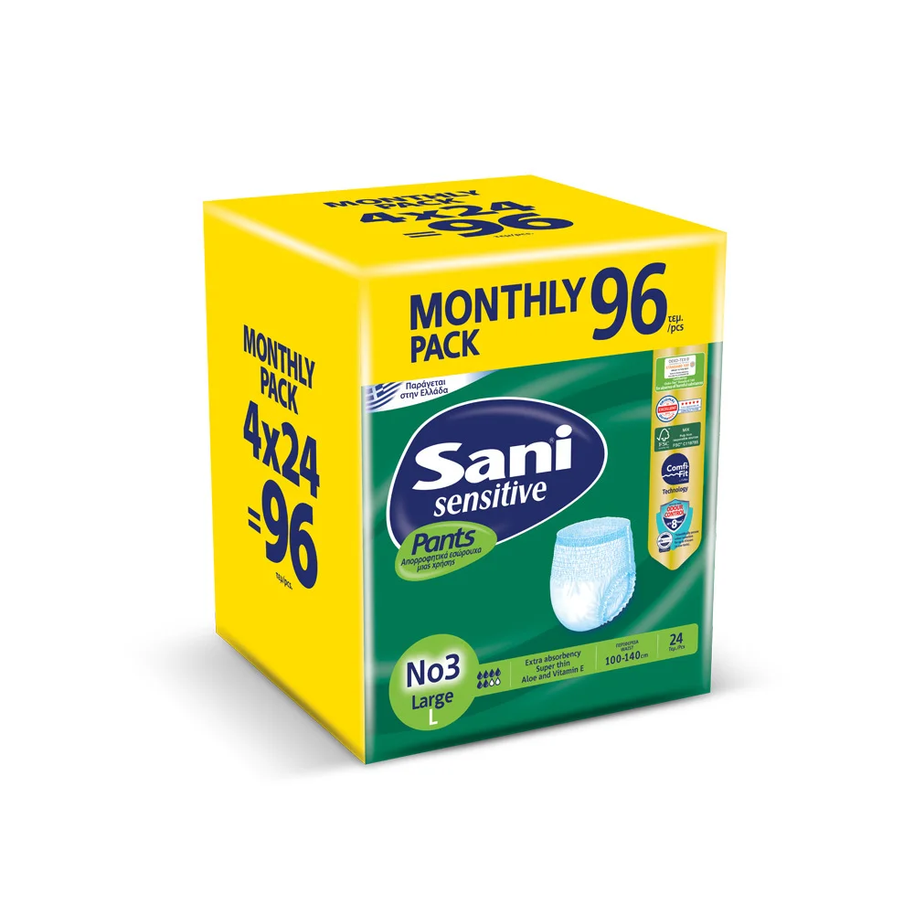 Sani Sensitive Monthly Pack Pants Large Ελαστικό Εσώρουχο Ακράτειας No.3 96 τεμάχια