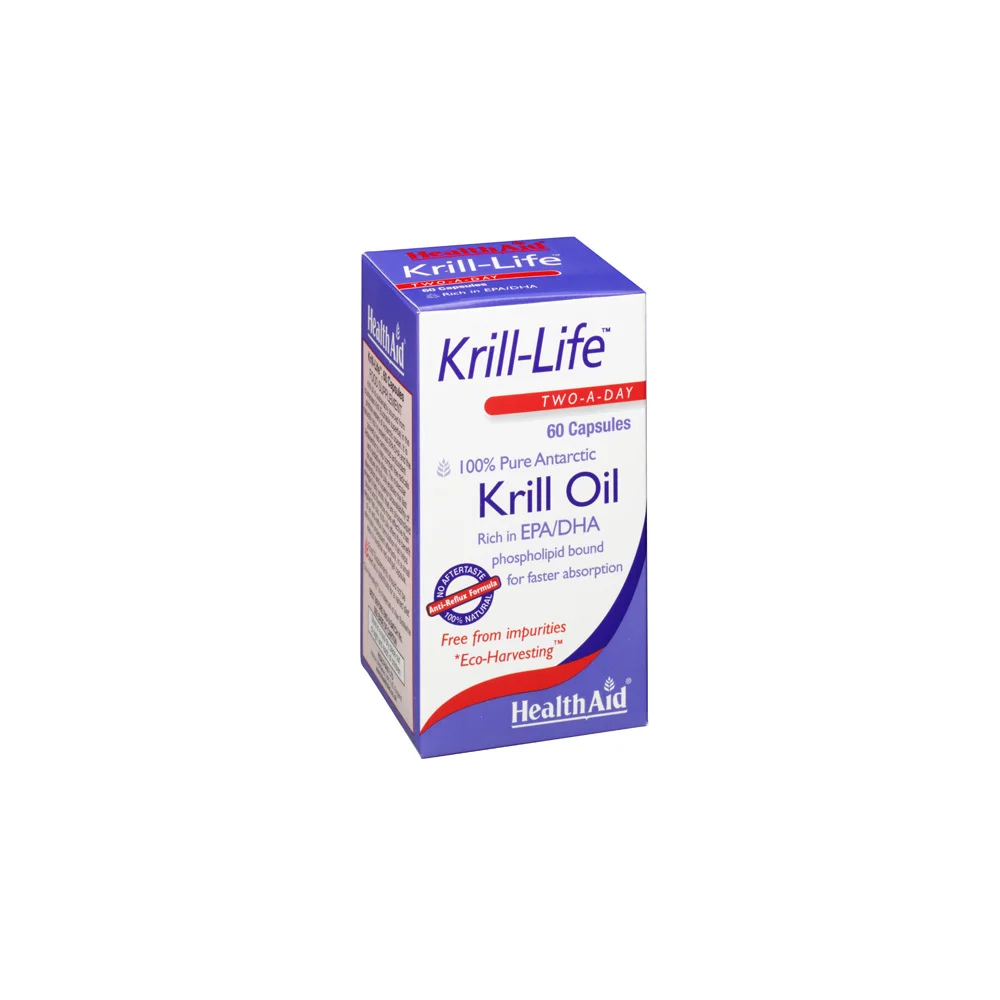 Health Aid Krill-Life Dietary Supplement For Heart Cholesterol Joints Memory & Eyes No Aftertaste 60 Capsules