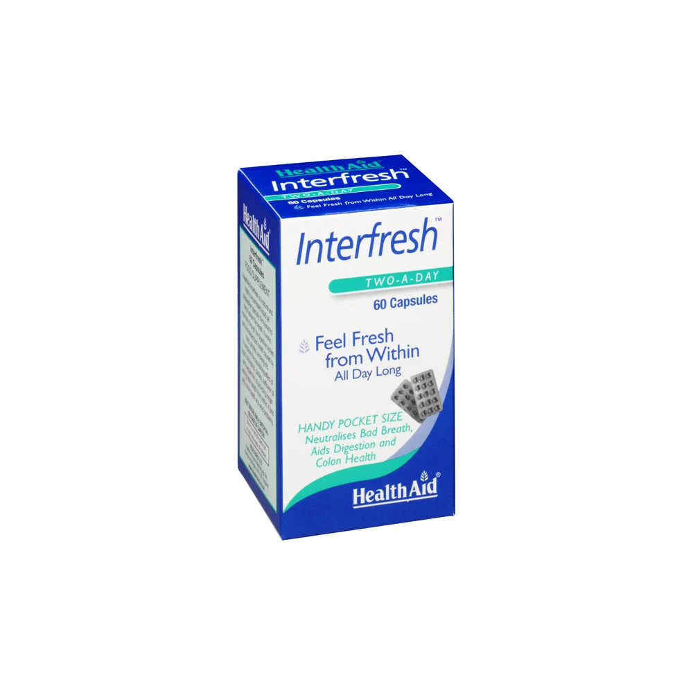 Health Aid Interfresh Dietary Supplement With Peppermint Oils Parsley & Chlorophyll For All Day Clean Breath 60 Capsules