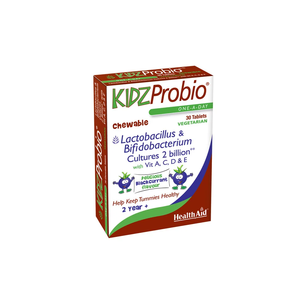 Health Aid Kidz Probio Dietary Supplement With Probiotics 2 Billion With Vitamins A, C, D & E For Healthy Children's Stomachs 30 Chewable Tablets