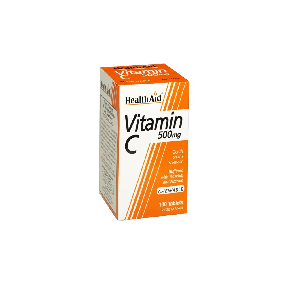 Health Aid Vitamin C 500mg Chewable Συμπλήρωμα Διατροφής Βιταμίνη C Μασώμενη Με Αγριοτριανταφυλλιά & Ασερόλα Με Γεύση Πορτοκάλι 100 ταμπλέτες