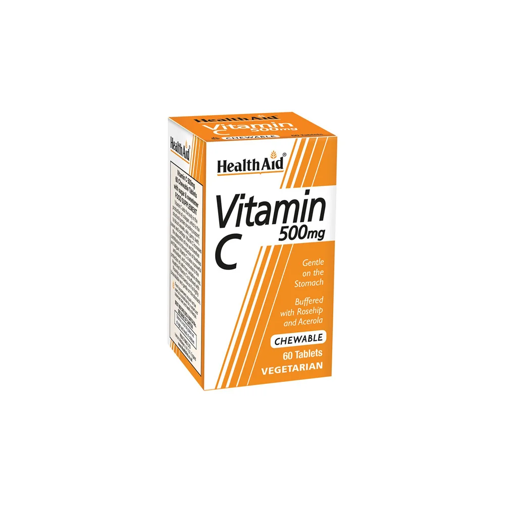 Health Aid Vitamin C 500mg Συμπλήρωμα Διατροφής Βιταμίνη C Μασώμενη Με Αγριοτριανταφυλλιά & Ασερόλα Με Γεύση Πορτοκάλι 60 μασώμενες ταμπλέτες
