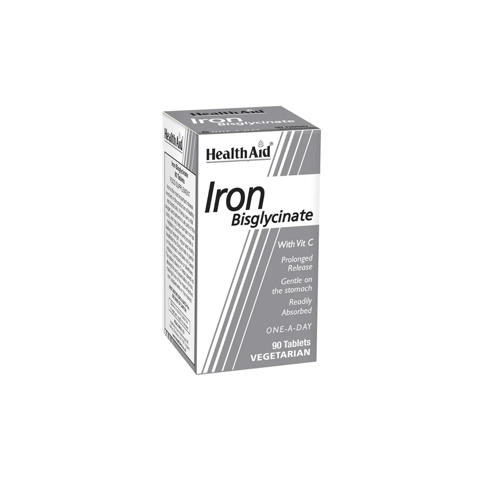 Health Aid Iron Bisglycinate Iron Dietary Supplement With Vitamin C Stomach Friendly Slow Release 90 Tablets