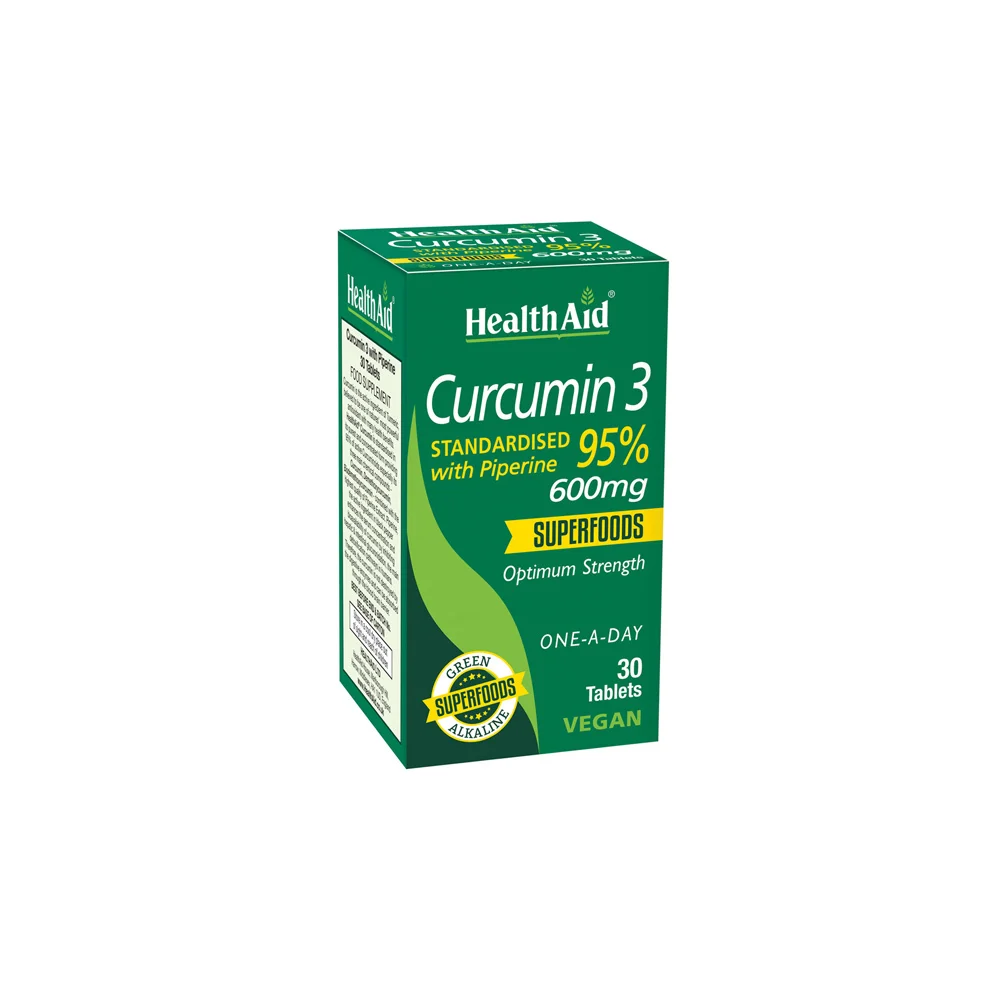 Health Aid Curcumin 3 Standardized With Piperine 95% 600mg Dietary Supplement Antioxidant Curcumin & Piperine For Maximum Absorption 30 herbal tablets