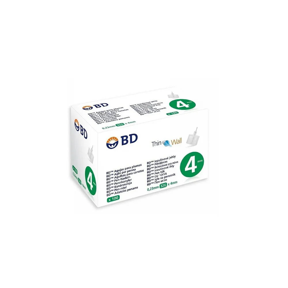 BD Micro Fine Thin Wall Αποστειρωμένες Βελόνες Για Πένες Ινσουλίνης 4mm x 0.23mm (32G) 100 τεμάχια