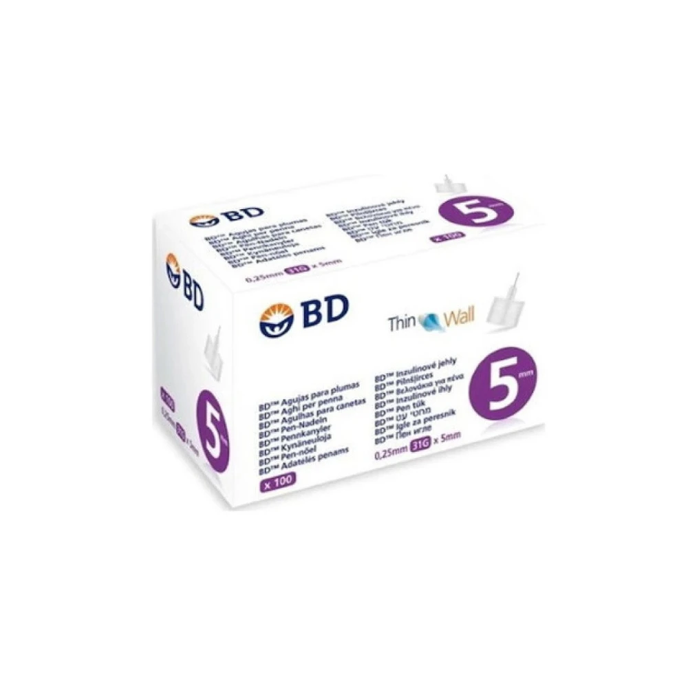 BD Thin Wall Αποστειρωμένες Βελόνες Για Πένες Ινσουλίνης 0.25mm31Gx5mm 100 τεμάχια