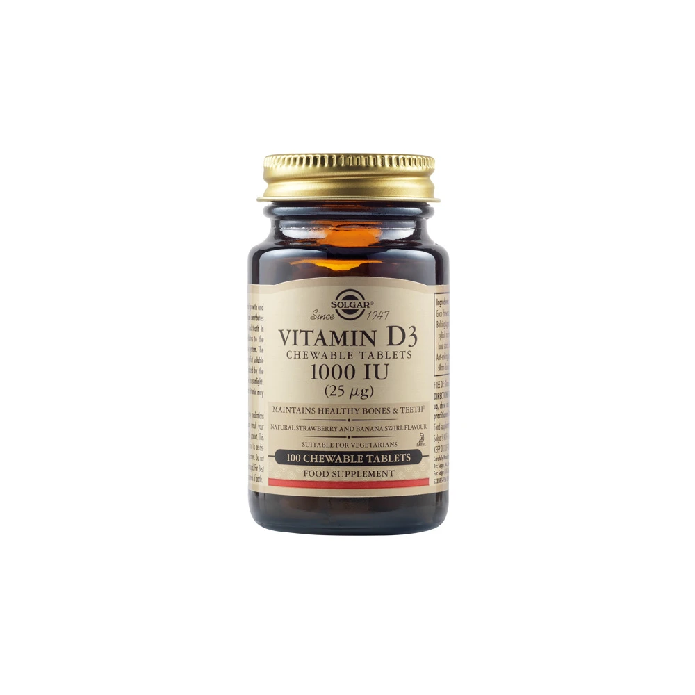 Solgar Vitamin D3 1000iu 25µg Μασώμενη βιταμίνη D Για Υποστήριξη Ανοσοποιητικού & Οστών 100 μασώμενες ταμπλέτες