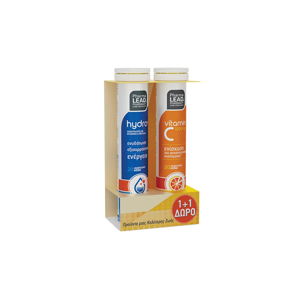 Pharmalead Promo (1+1 Δώρο) Hydro Συμπλήρωμα Διατροφής Με Ηλεκτρολύτες Βιταμίνες & Μέταλλα Για Ενυδάτωση 20 αναβράζοντα δισκία + Βιταμίνη C 1000mg 20 αναβράζοντα δισκία