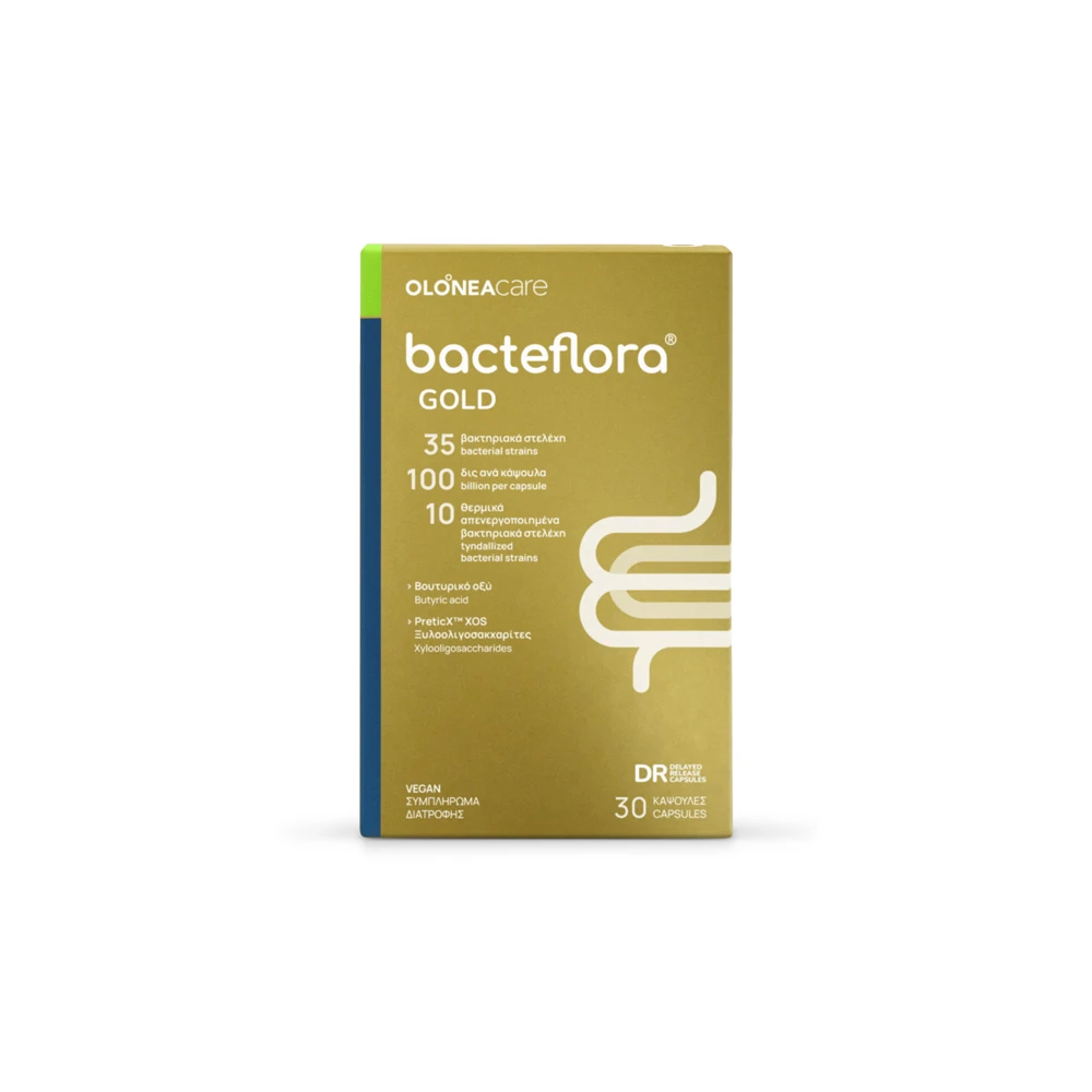 Olonea Bacteflora Gold Συμπλήρωμα Για Πλήρη Κάλυψη Του Εντέρου Με Προβιοτικά Υψηλής Περιεκτικότητας Πρεβιοτικά Μεταβιοτικά & Βουτυρικό οξύ 30 κάψουλες