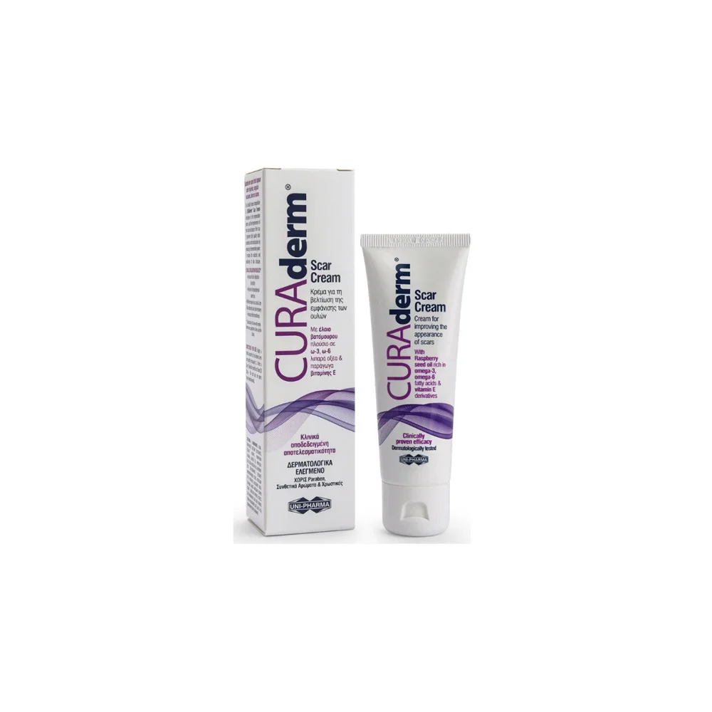 Uni-Pharma Curaderm Scar Cream Κρέμα Για Την Βελτίωση Της Εμφάνισης Των Ουλών 50ml