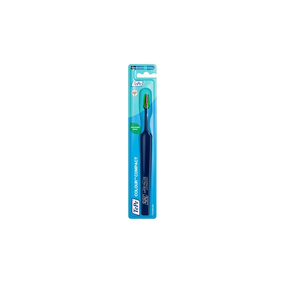 Tepe Colour Compact Toothbrush Blue Color With Green & Fuchsia Fibers Extra Soft 1 piece
