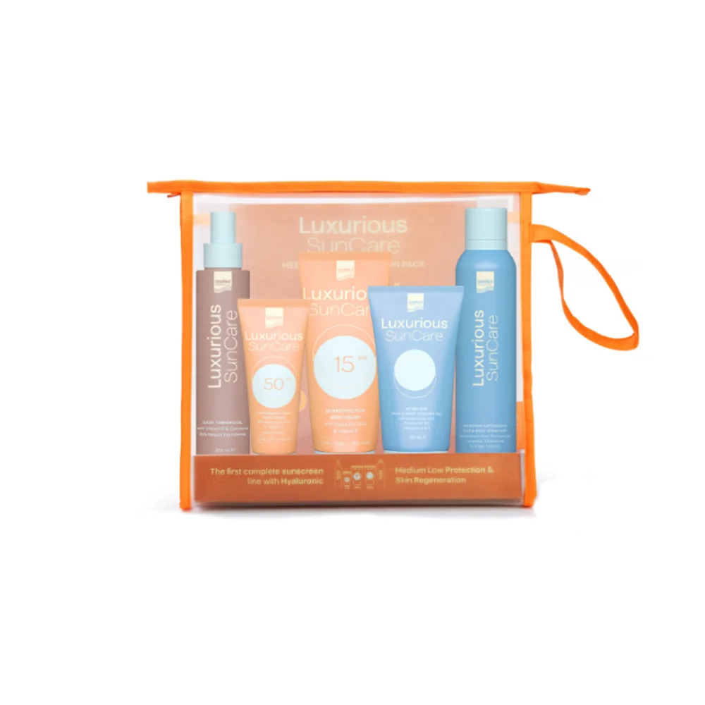Intermed Promo Luxurious SunCare Medium Low Protection Pack With Body Cream SPF15 200ml & Face Cream SPF50 75ml & Dark Tanning Oil 200ml & After Sun Cooling Gel 150ml & Hydrating Antioxidant Mist 200ml