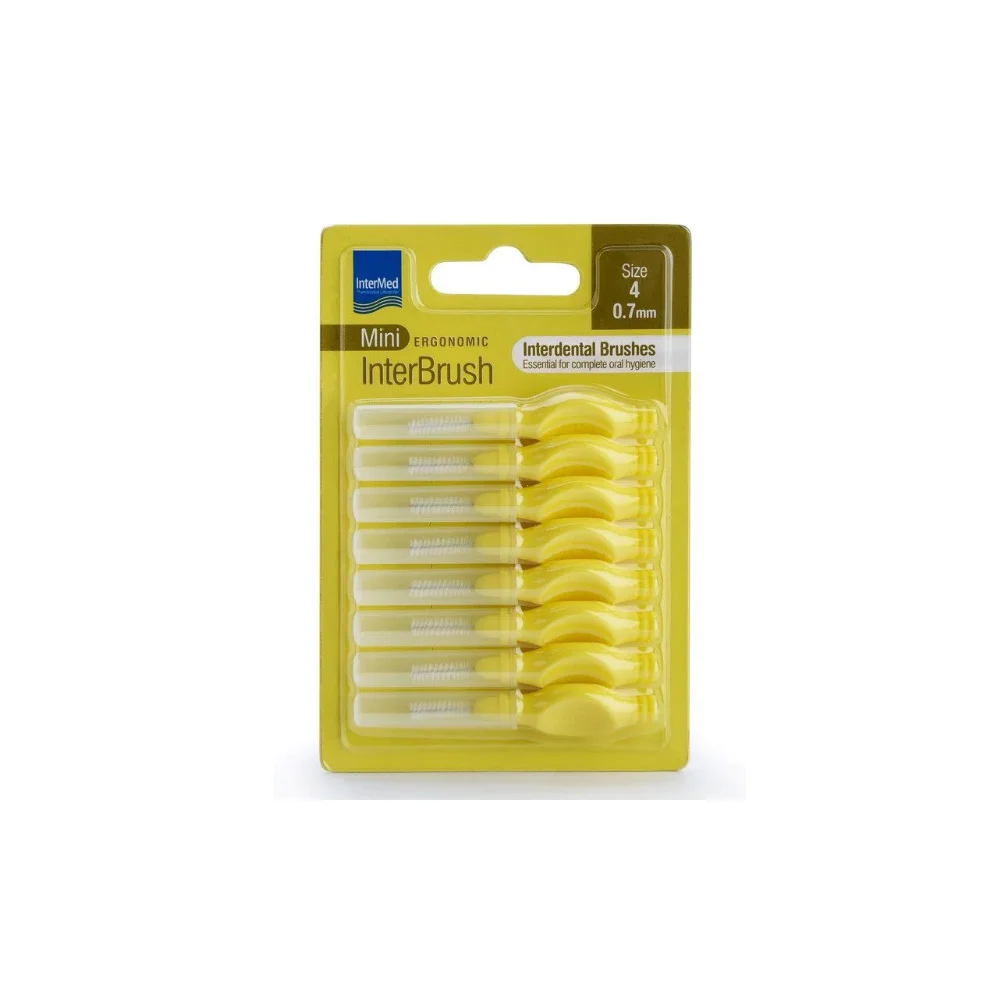 InterMed Mini Ergonomic Interbrush Μεσοδόντια Βουρτσάκια Με Λαβή 0.7mm Κίτρινα Μέγεθος 4 8 τεμάχια