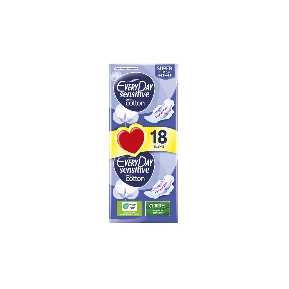 ΜΕΓΑ Every Day Sensitive With Cotton Super Ultra Plus Σερβιέτες 18 τεμάχια