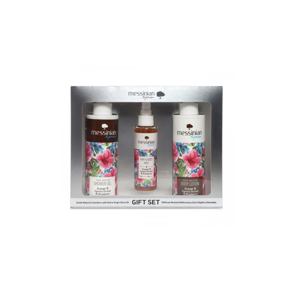 Messinian Spa Promo Orange & Vanilla Orchid & Blueberry Shower Gel 300ml & Body Lotion 300ml & Hair and Body Mist 100ml
