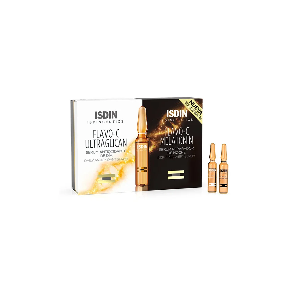 ISDIN Flavo-C Ultraglican & Flavo-C Melatonin Night Recovery Serum & Antioxidant Serum For Daily Use 20x2ml