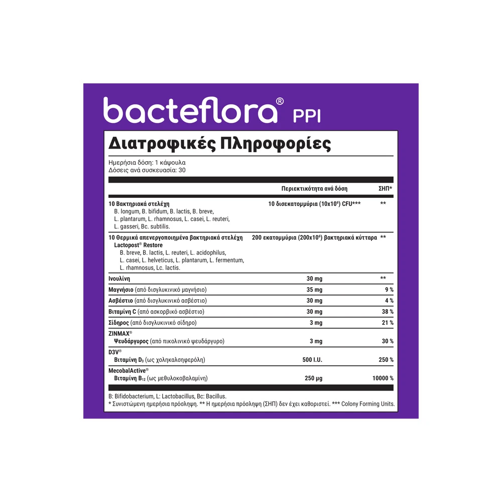 Olonea Bacteflora PPI Για Τη Φαρμακευτική Αγωγή Με PPI Με Προβιοτικά Βιταμίνες & Μέταλλα 30 κάψουλες