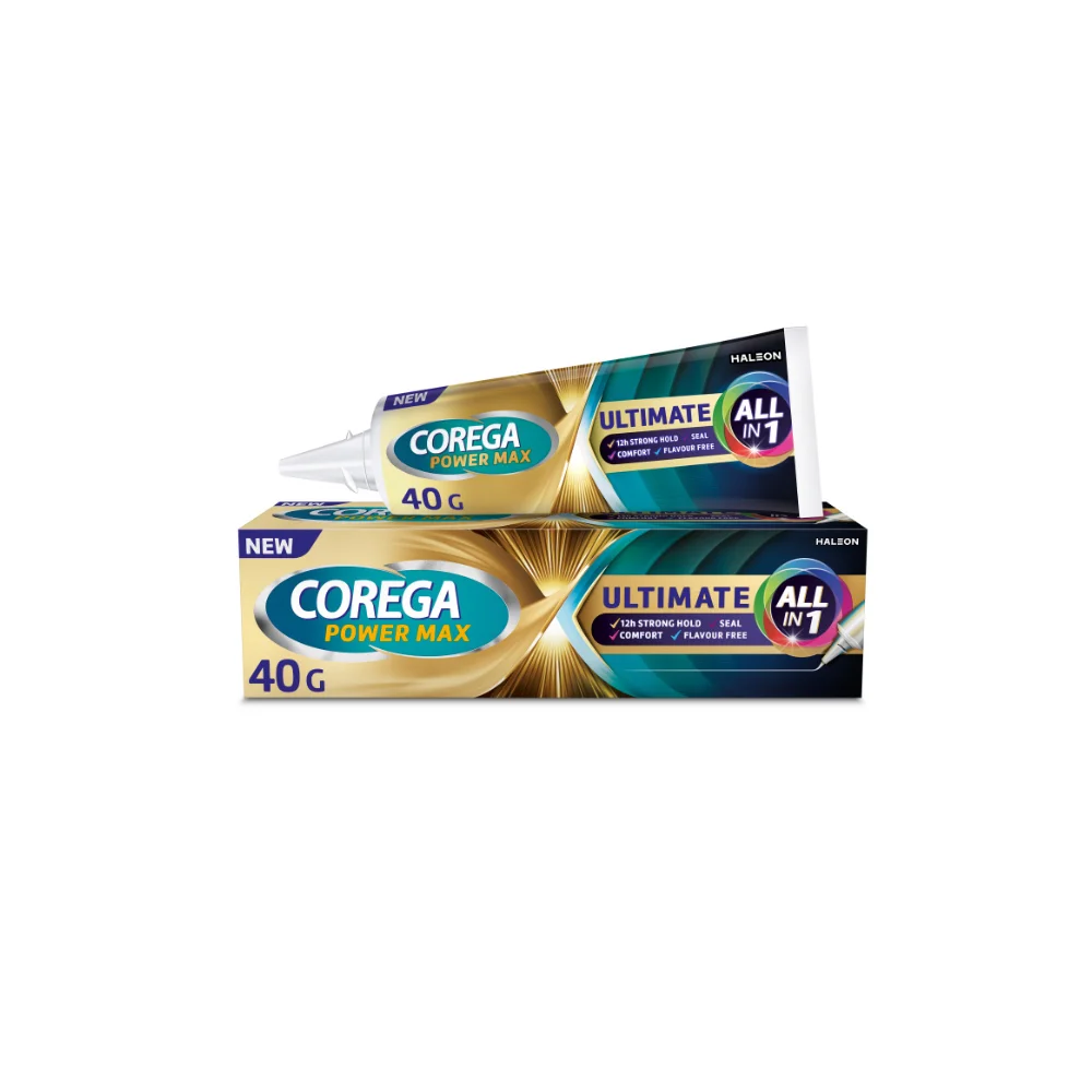 Corega Power Max Ultimate All In One Στερεωτική Κρέμα Τεχνητής Οδοντοστοιχίας Για Ακόμα Μεγαλύτερη Δύναμη Μασήματος 40gr