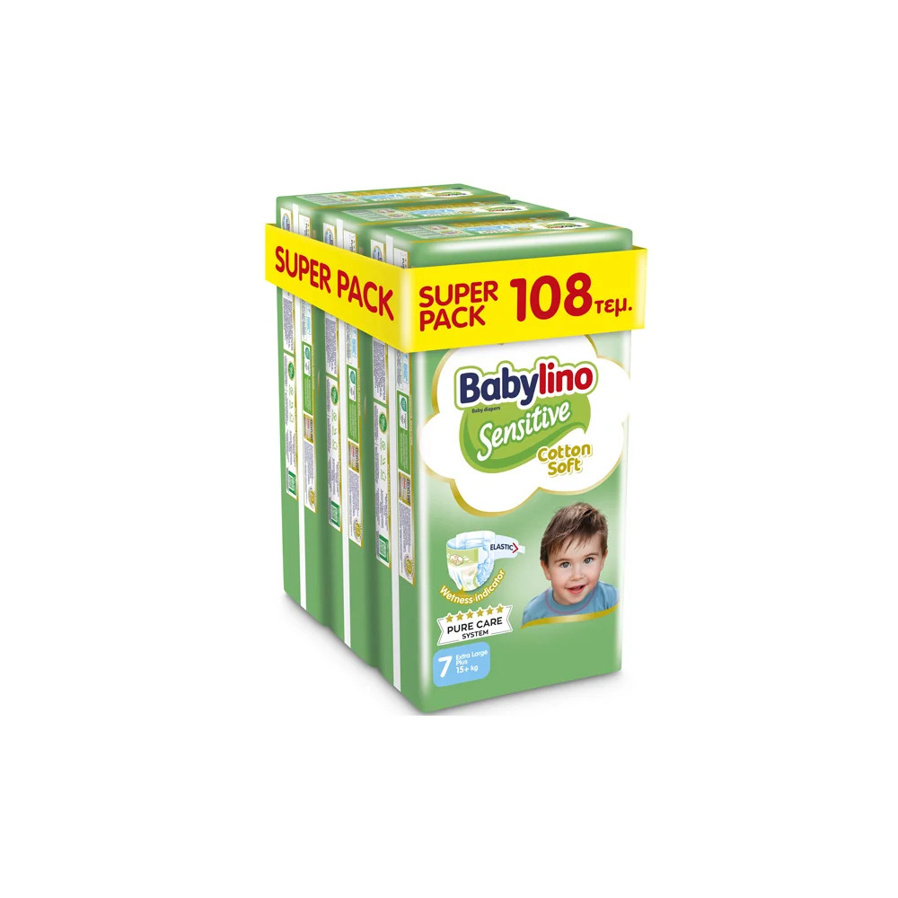 Babylino Super Pack Sensitive Cotton Soft Βρεφικές Πάνες Μέγεθος 7 (15+kg) 108 πάνες