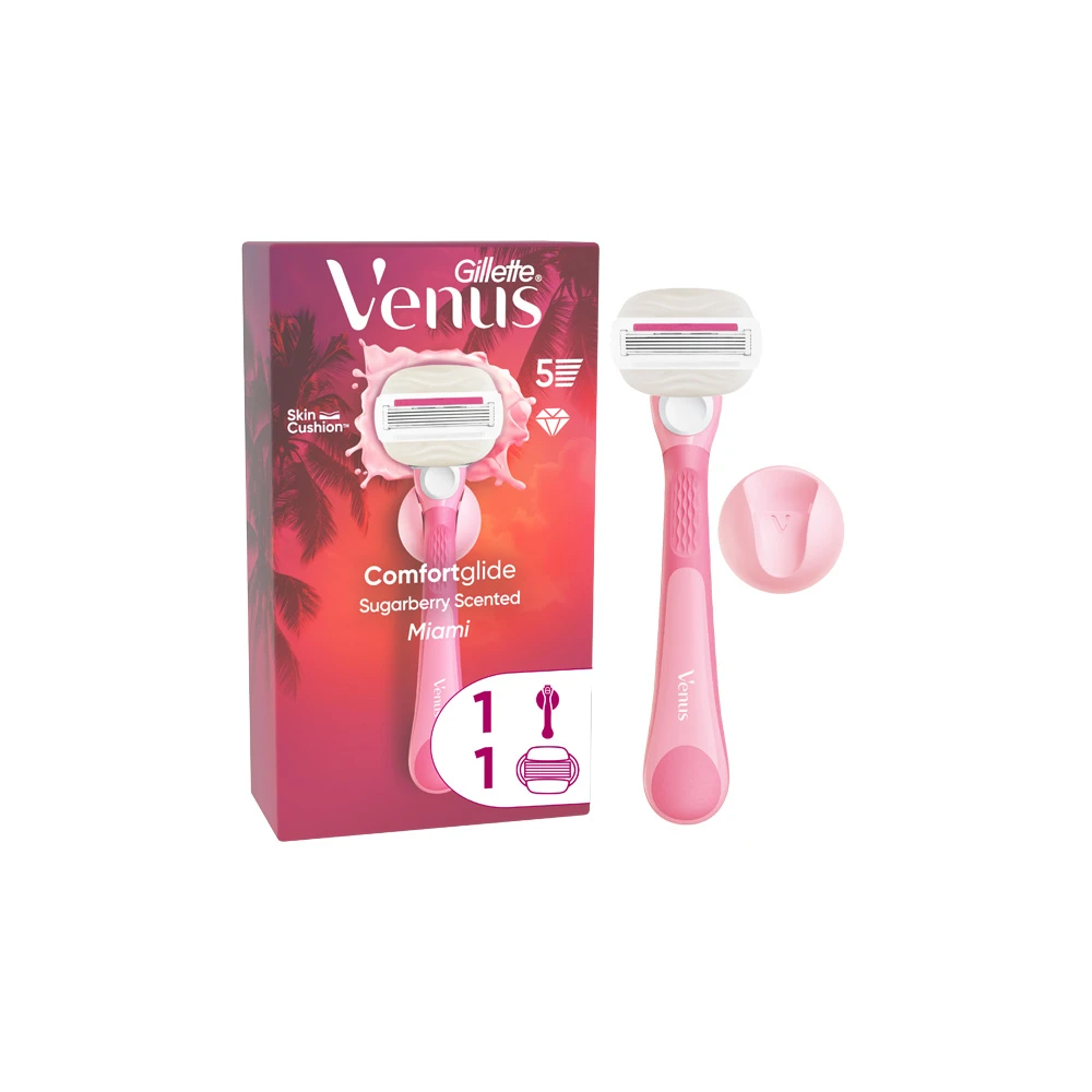 Gillette Venus ComfortGlide Miami Ξυριστική Μηχανή 1 Ανταλλακτικές Κεφαλές Ξυριστικών Με Άρωμα Sugarberry 1 τεμάχιο & Επαναχρησιμοποιούμενη Λαβή 1 τεμάχιο & Βάση Ντουζ 1 τεμάχιο