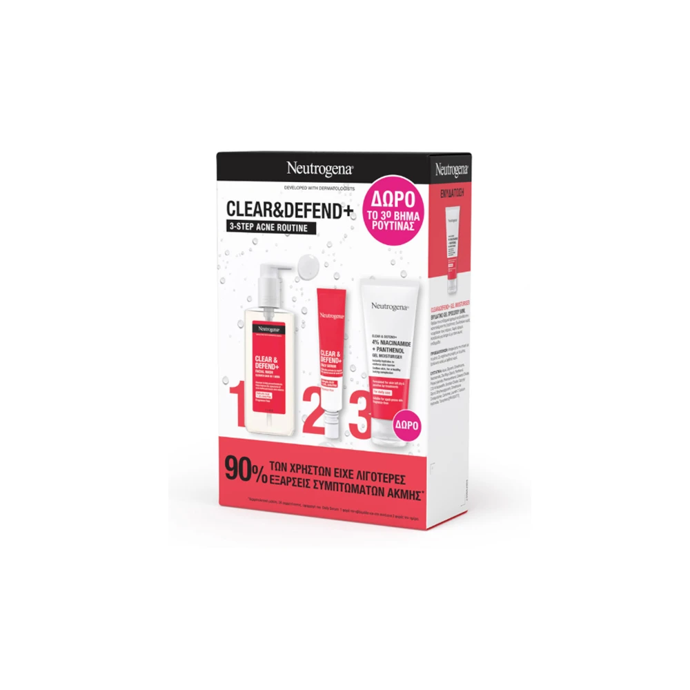 Neutrogena Promo Clear & Defend+ 3 Step Acne Routine Facial Wash Καθαριστικό Προσώπου Για Αντιμετώπιση Της Ακμής 200ml & Clear & Defend+ Daily Serum Ορός Καθημερινής Χρήσης 30ml & Clear & Defend+ Gel Moisturizer Ενυδατικό Gel Προσώπου 50ml