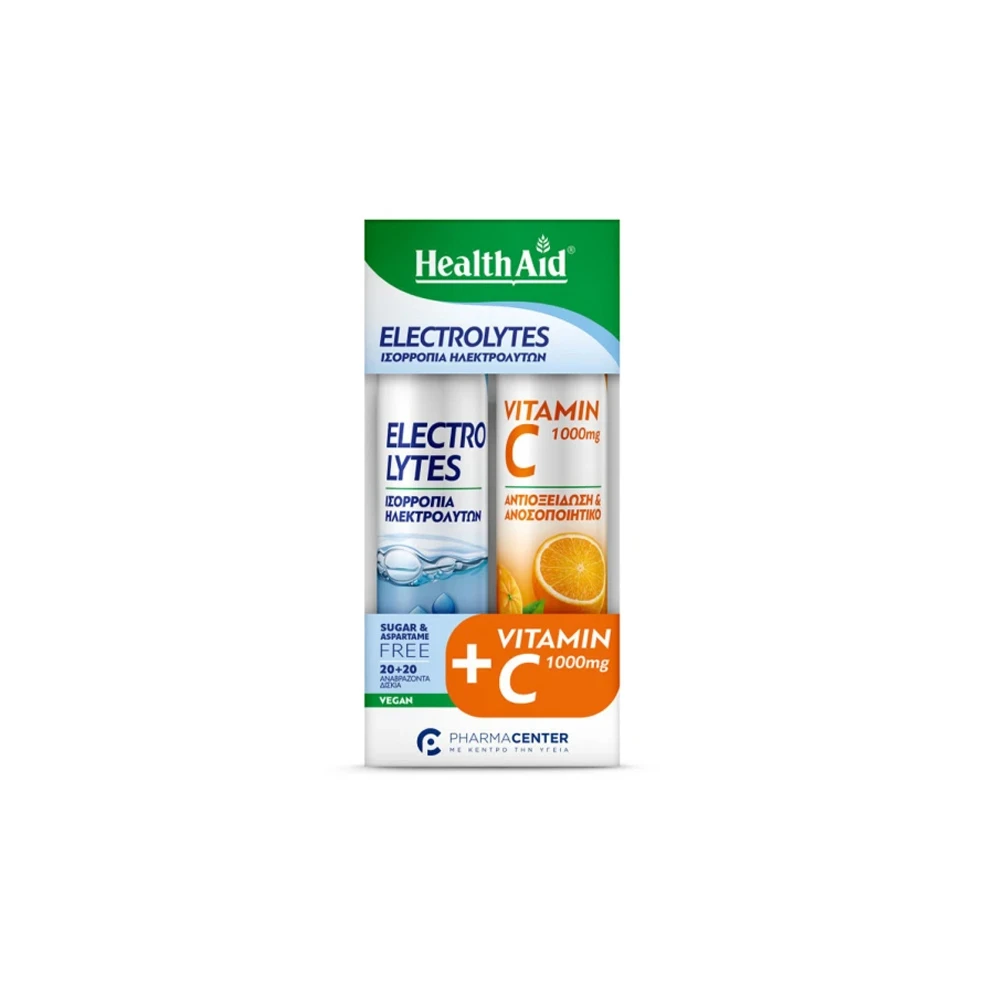 Health Aid Promo Electrolytes Συμπλήρωμα Διατροφής Ηλεκτολυτών 20 αναβράζοντα δισκία & Vitamin C Συμπλήρωμα Διατροφής Με Βιταμίνη C 1000mg 20 αναβράζοντα δισκία