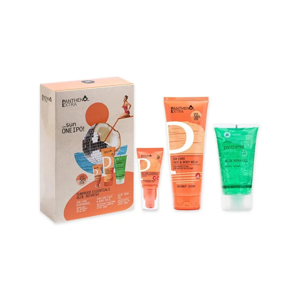 Medisei Promo Panthenol Extra Sunproof Essentials Aloe Refresh With Diaphanous Invisible High Protection Face Gel SPF50 20ml & Face & Body Milk SPF50 200ml & Aloe Vera Gel 150ml