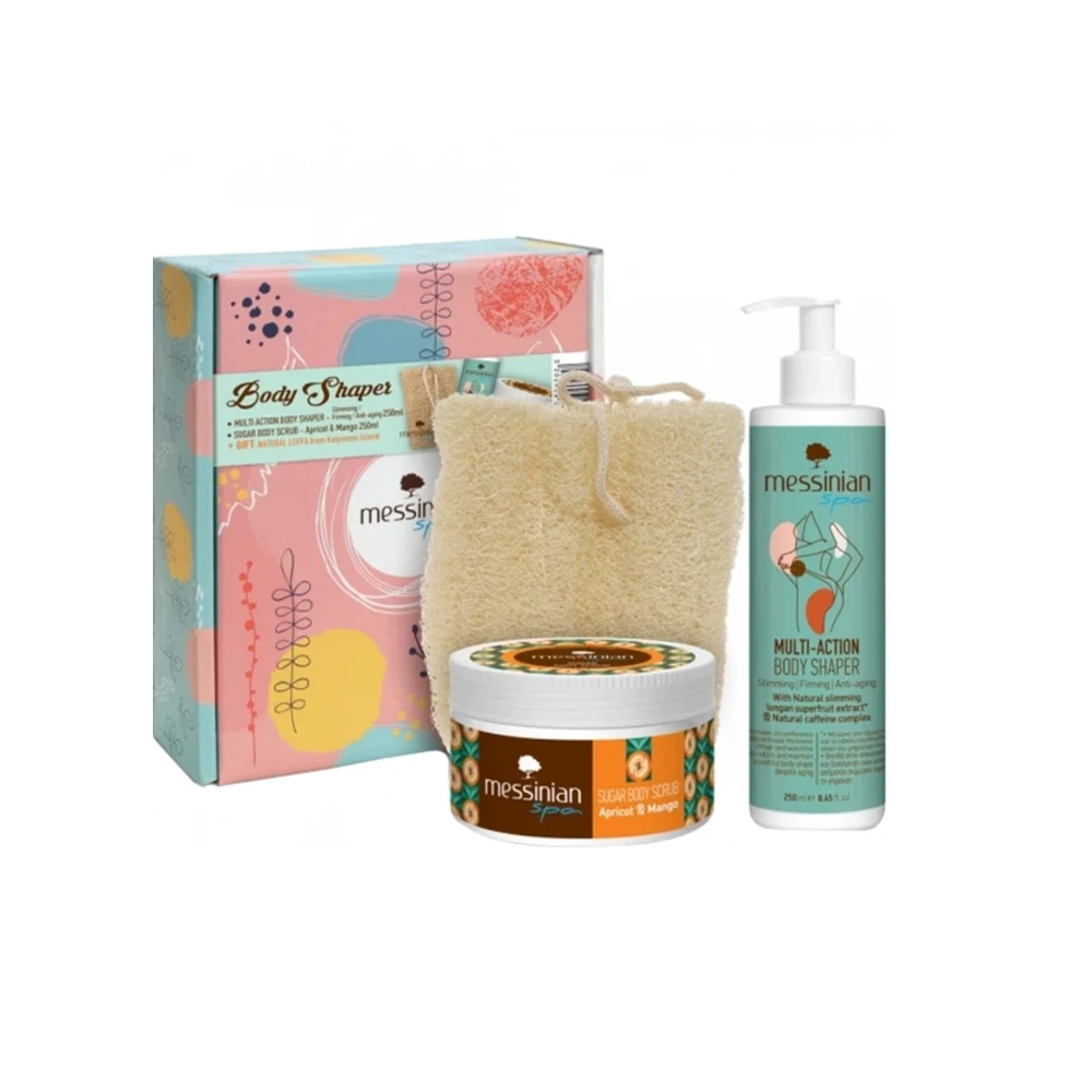 Messinian Spa Promo Multi Action Slimming & Firming Body Shaper 250ml & Apricot & Mango Sugar Body Scrub 250ml & Gift Natural Sponge Lufa Sponge Of Kalymnos