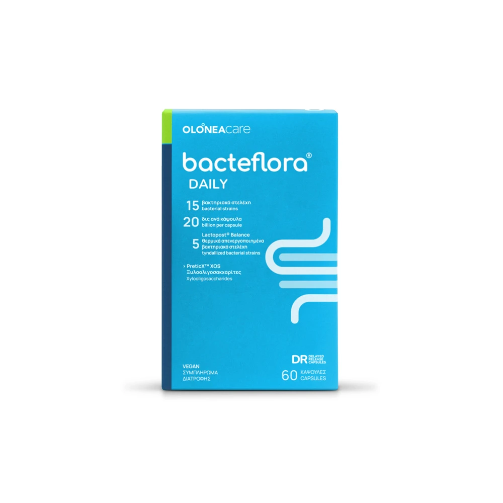 Olonea Bacteflora Daily Για Την Καθημερινή Ομαλή Λειτουργία Του Γαστρεντερικού Συστήματος Με Προβιοτικά Πρεβιοτικά & Μεταβιοτικά 60 κάψουλες