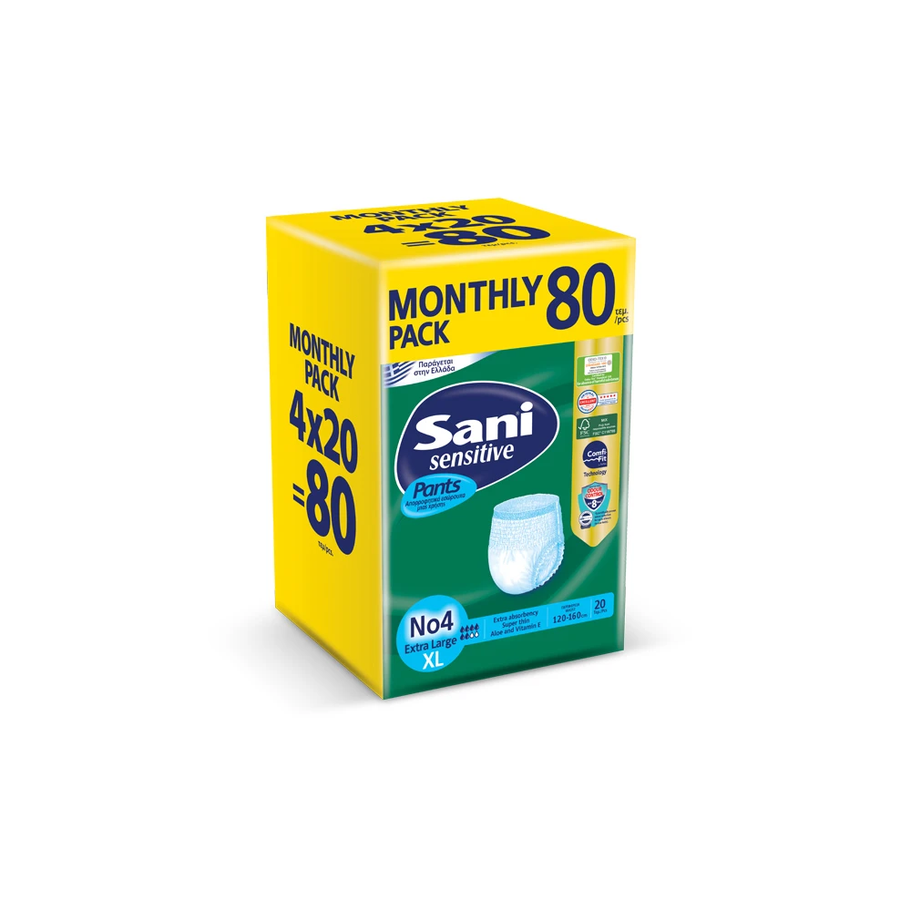 Sani Sensitive Monthly Pack Pants Ελαστικό Εσώρουχο Ακράτειας Extra Large No4 80 τεμάχια