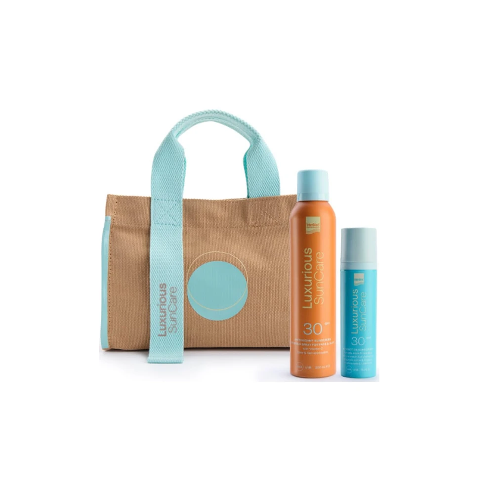 Intermed Promo Luxurious Sun Care Probiotics Sunscreen For Oily Skin SPF30 50ml & Antioxidant Sunscreen Invisible Spray For Face & Body SPF30 200ml & Free Beach Bag 1 piece