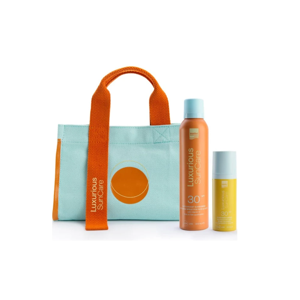 Intermed Promo Luxurious Sun Care Sunscreen Serum SPF30 50ml & Antioxidant Sunscreen Invisible Spray For Face & Body SPF30 200ml & Free Beach Bag 1 piece