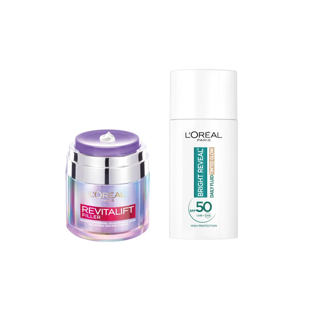 L'Oreal Paris Promo Revitalift Filler & Bright Reveal Ρουτίνα Περιποίησης Για Ενυδάτωση & Πρόληψη Των Σκούρων Κηλίδων Με Ενυδατική Κρέμα Ημέρας 50ml & Καθημερινή Κρέμα Με Χρώμα Υψηλής Προστασίας 50ml