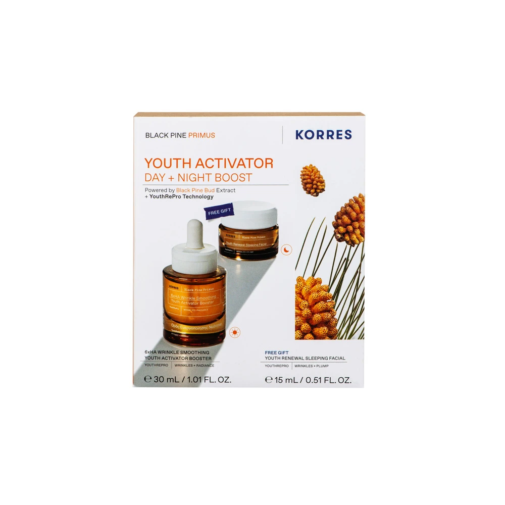 Korres Promo Black Pine Primus 6xHA Wrinkle Smoothing Youth Activator Booster 30ml & Free Youth Renewal Sleeping Facial Night Cream 15ml