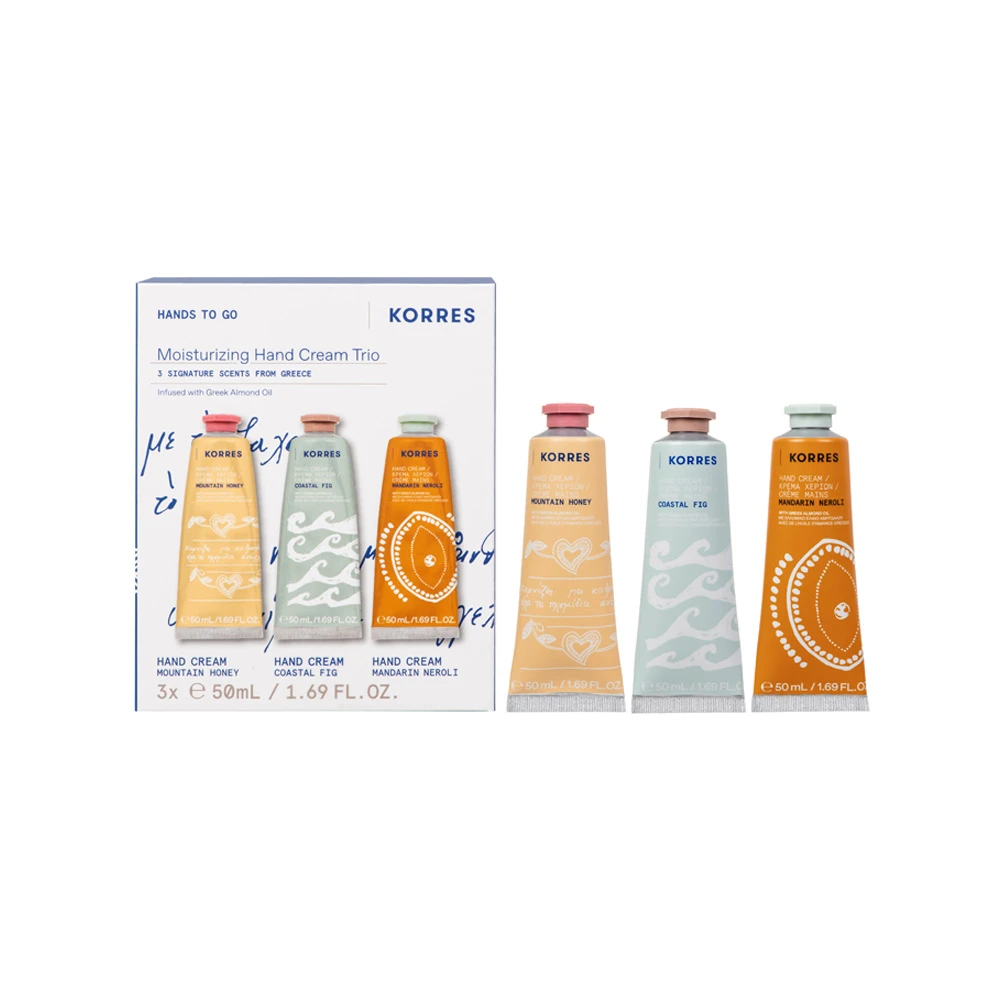 Korres Promo Hands to Go Moisturizing Hand Cream Trio Mountain Honey 50ml & Coastal Fig 50ml & Mandarin Neroli 50ml