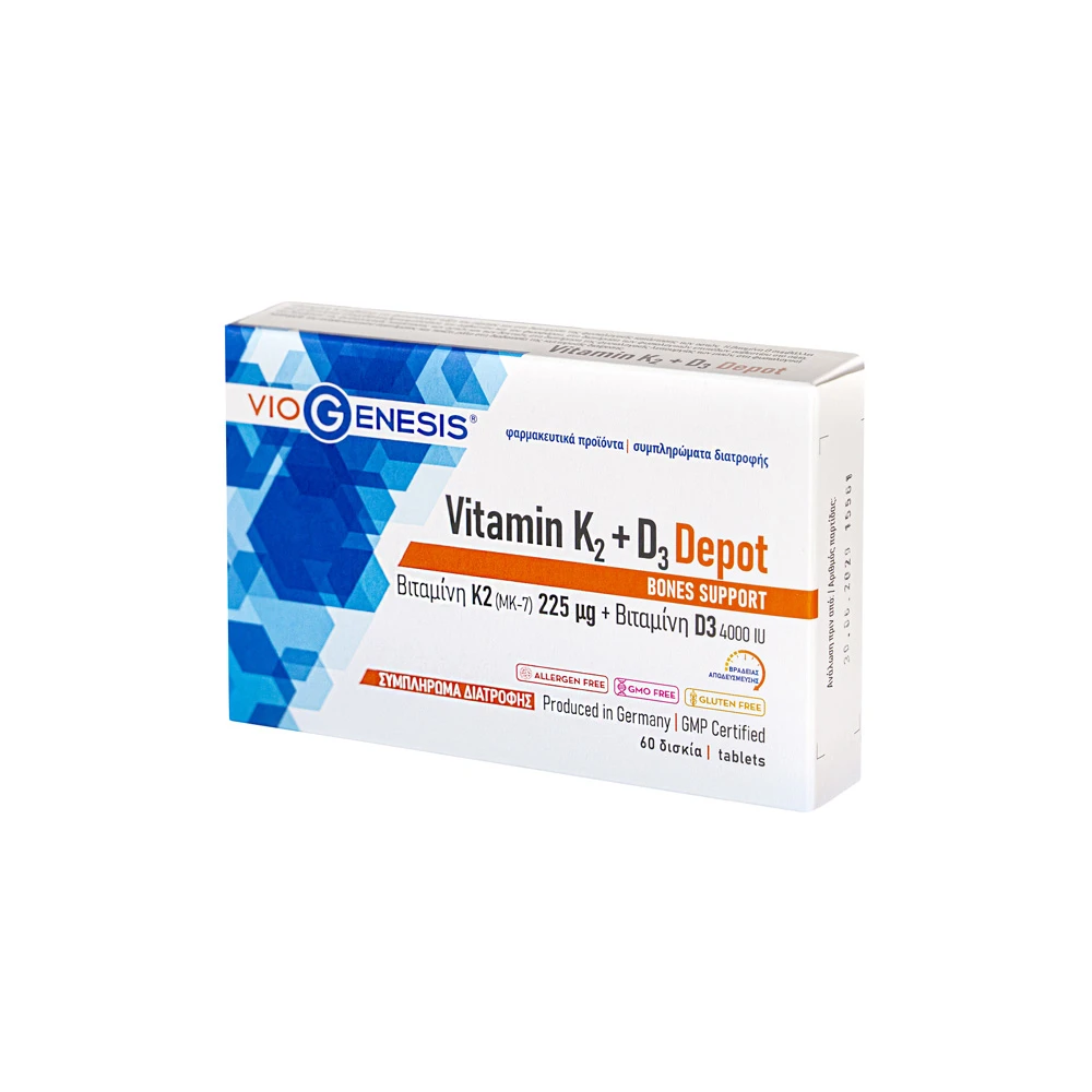 VioGenesis Vitamin K2 + Vitamin D3 Depot Συμπλήρωμα Διατροφής Βραδείας Αποδέσμευσης Με βιταμίνη K & βιταμίνη D 60 ταμπλέτες