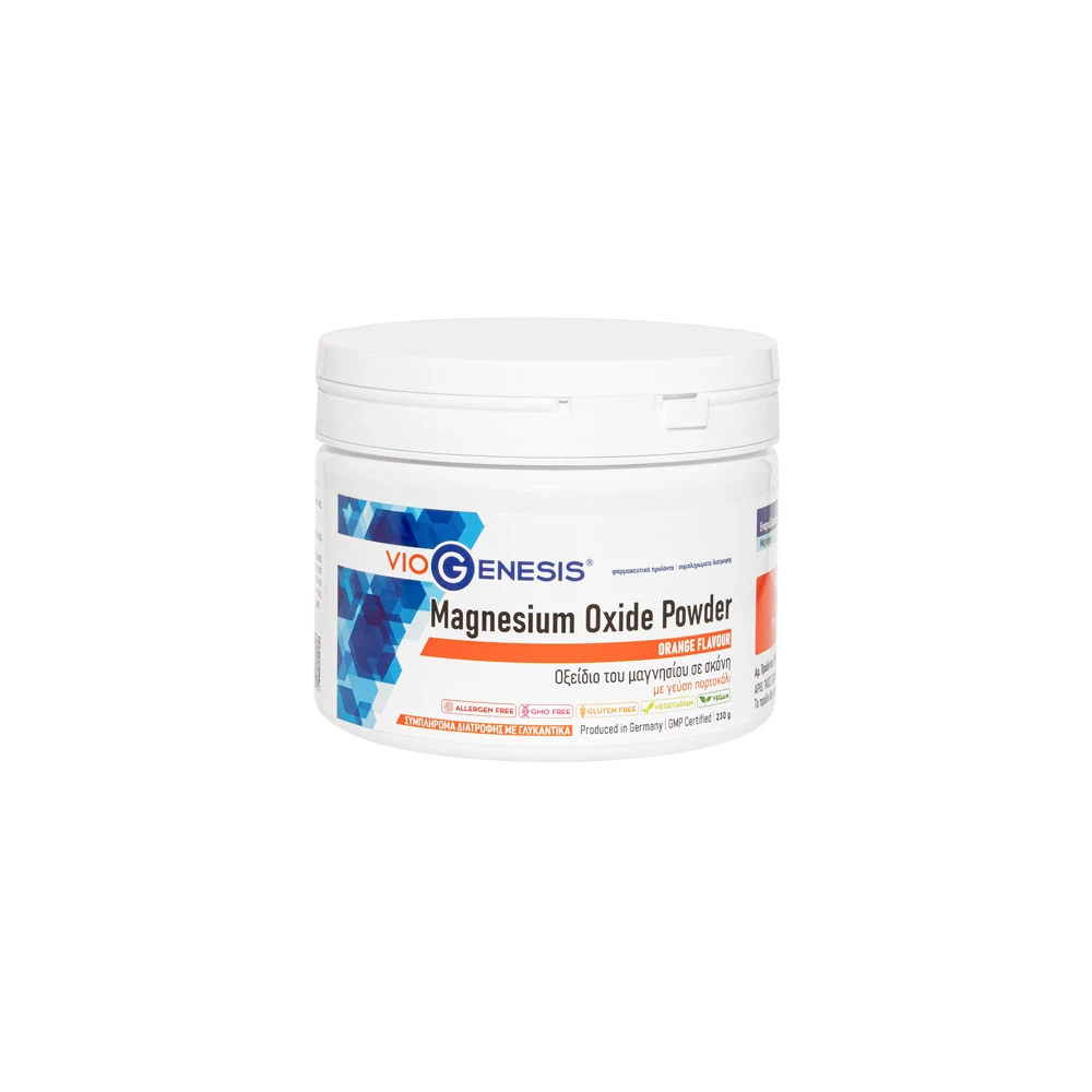 VioGenesis Magnesium Oxide Powder Συμπλήρωμα Διατροφής Με Οξείδιο Του Μαγνησίου Γλυκαντικά & Γεύση Πορτοκάλι 230gr