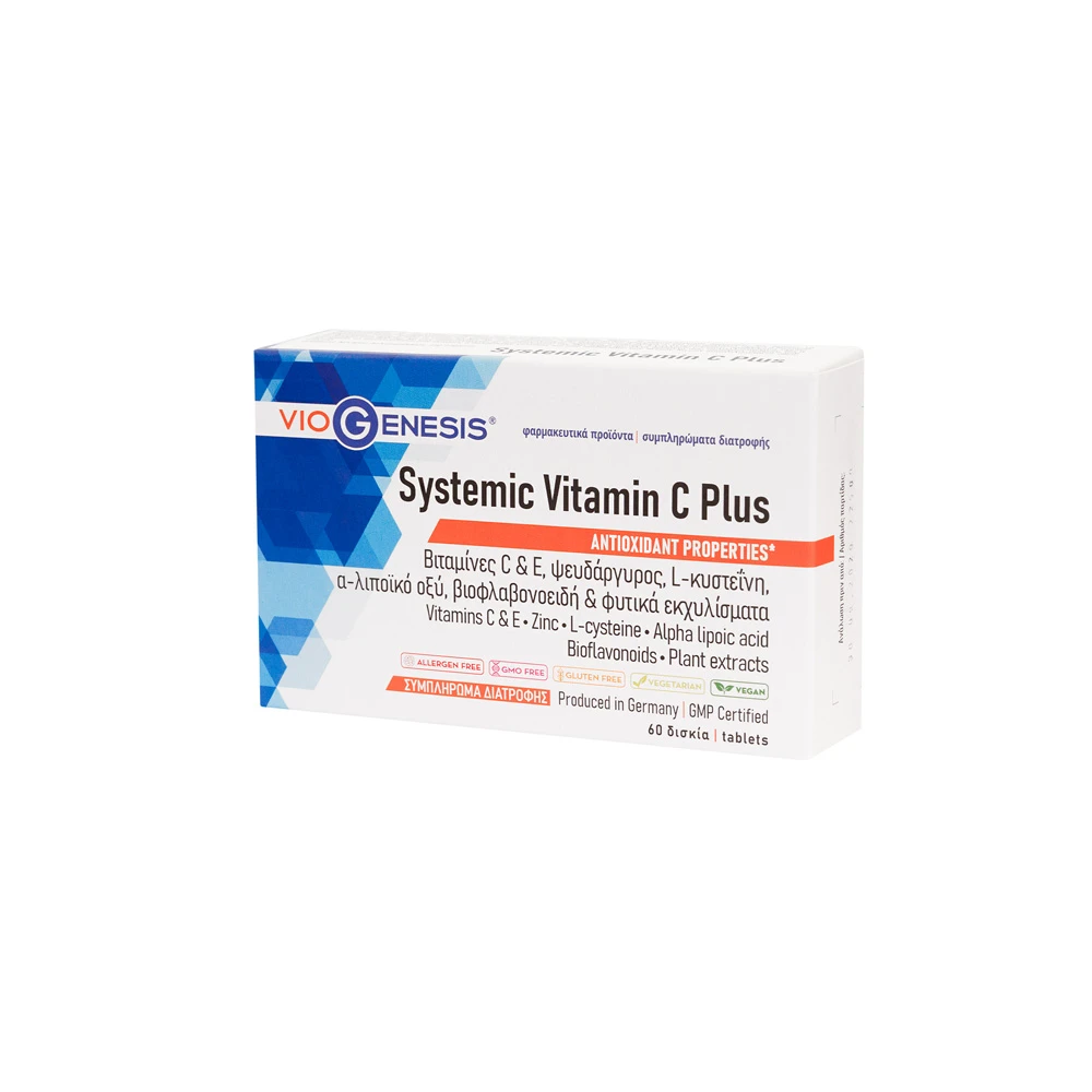 VioGenesis Vitamin C Systemic Plus Συμπλήρωμα Διατροφής Με Βιταμίνες C & E Ψευδάργυρο L-κυστεΐνη Α-λιποϊκό οξύ Βιοφλαβονοειδή & Φυτικά Εκχυλίσματα 60 ταμπλέτες