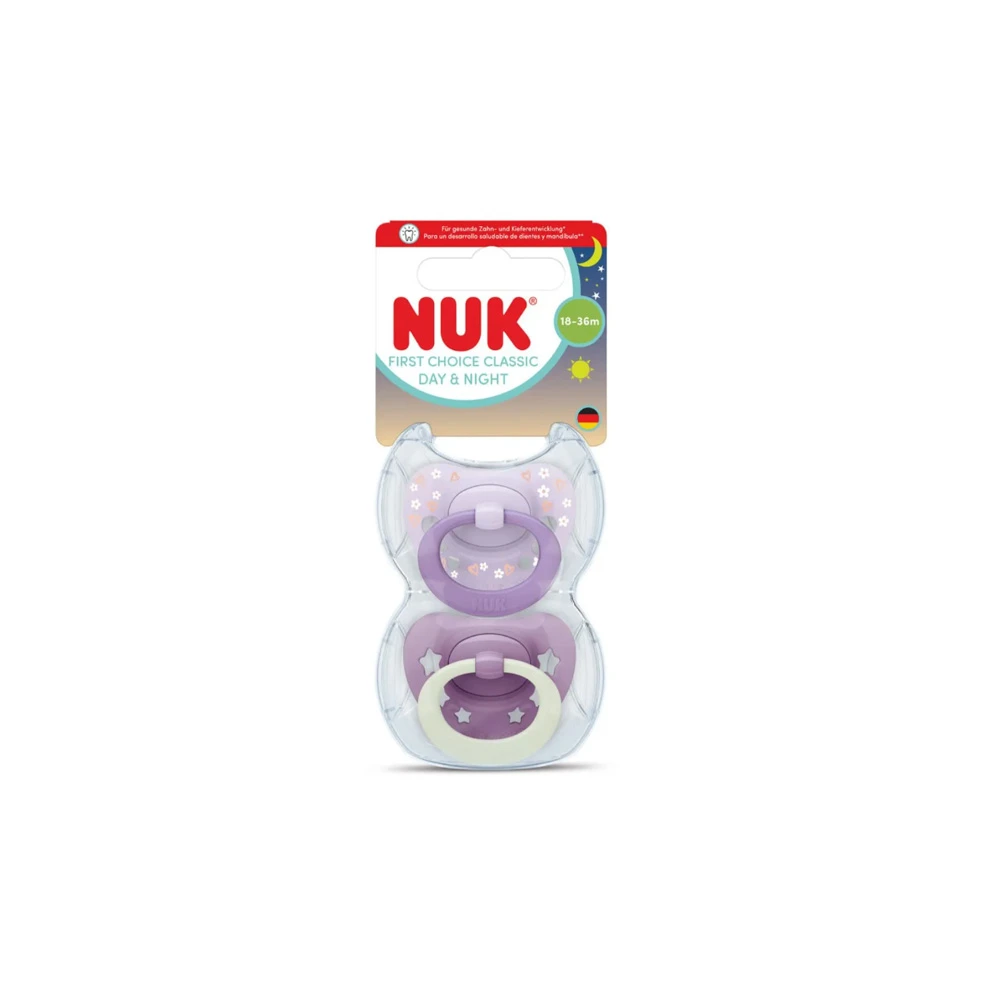 Nuk First Choice Classic Day & Night Pacifiers Silicone Night With Case Purple 18-36m 2 pieces