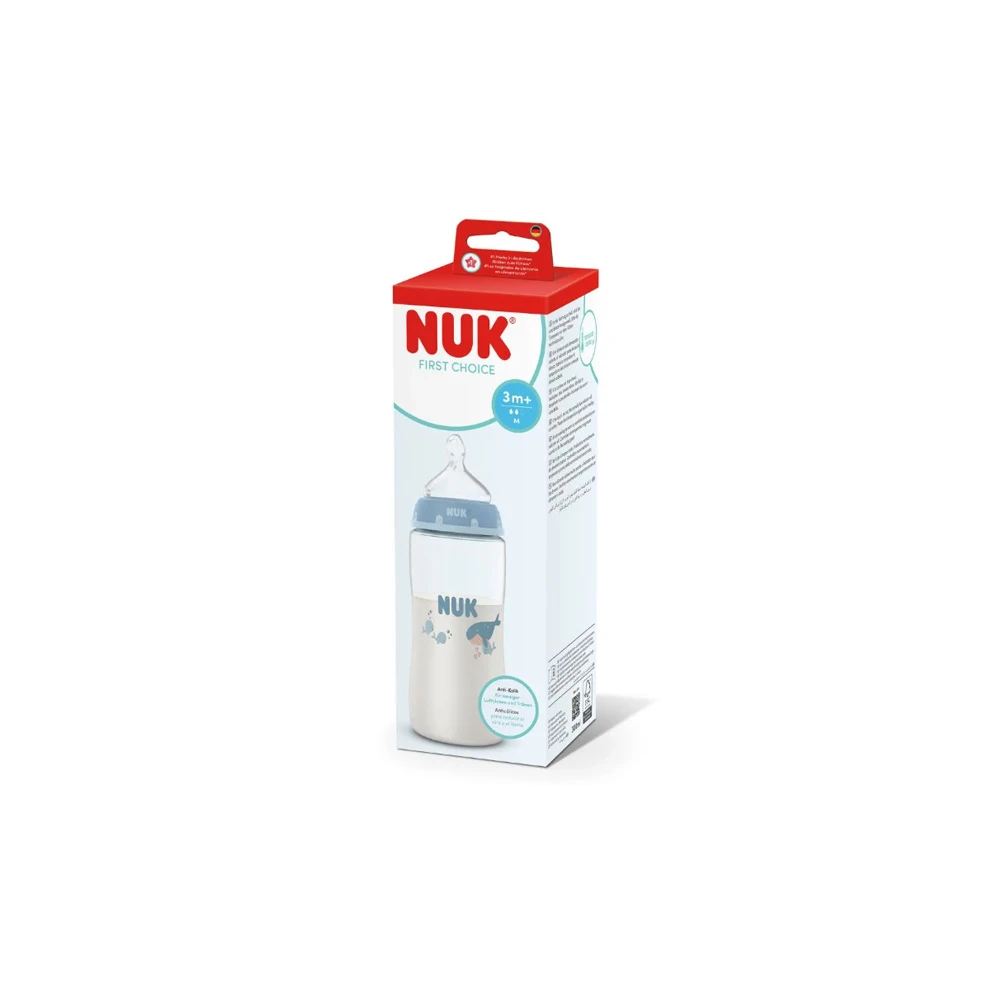 Nuk First Choice Anti-Colic Plastic Bottle With Silicone Nipple For 3+ Months Blue Whale 300ml