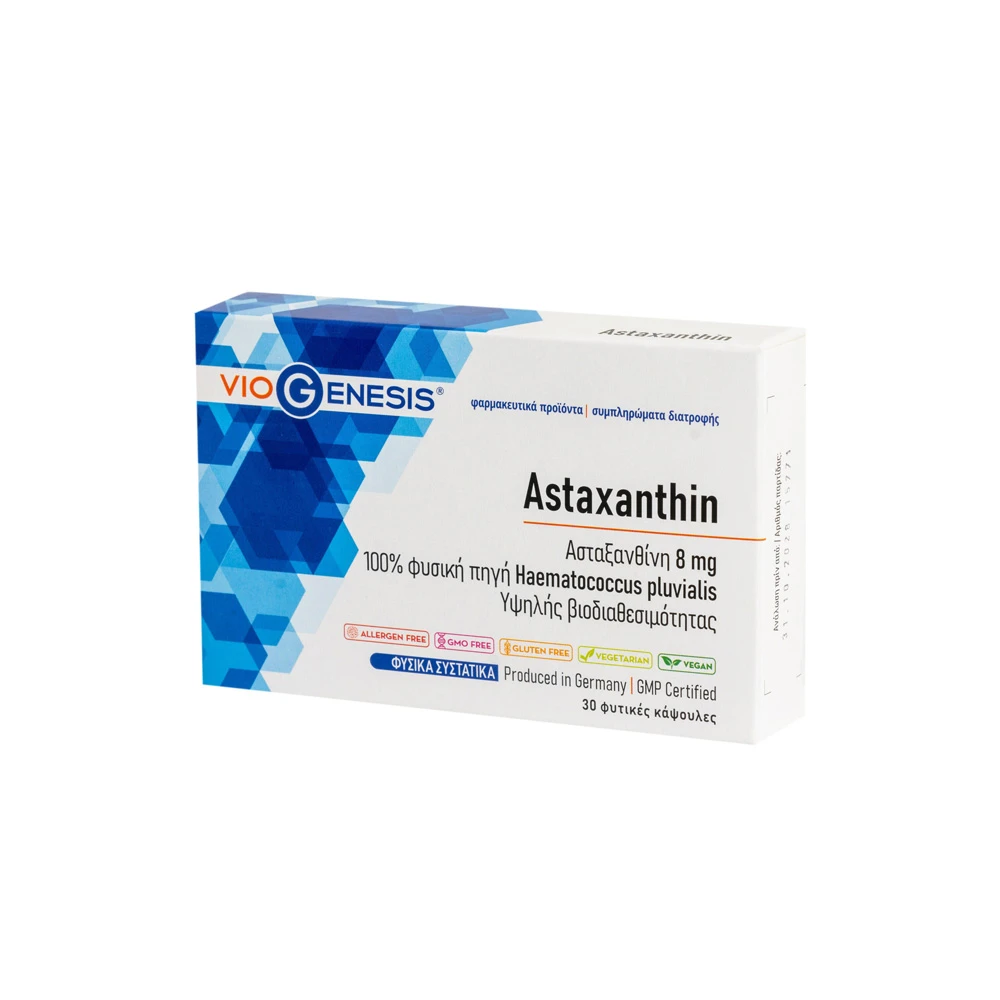 VioGenesis Astaxanthin 8mg Συμπλήρωμα Διατροφής Με Ελαιορητίνη Πλούσια Σε Ασταξανθίνη Από Φύκη Haematococcus Pluvialis 30 φυτικές κάψουλες