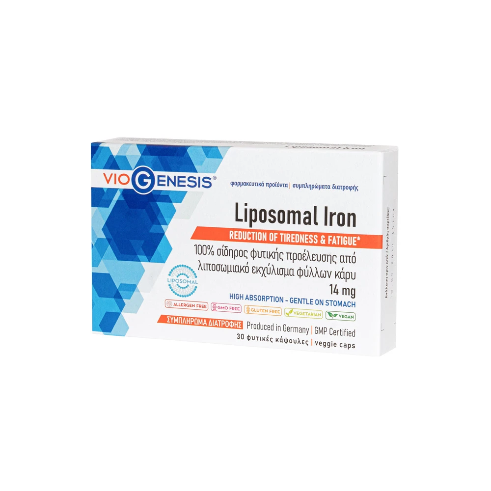 VioGenesis Liposomal Iron 14mg Συμπλήρωμα Διατροφής Με 100% Σίδηρο Φυτικής Προέλευσης Από Λιποσωμιακό Εκχύλισμα Φύλλων Κάρυ 30 φυτικές κάψουλες