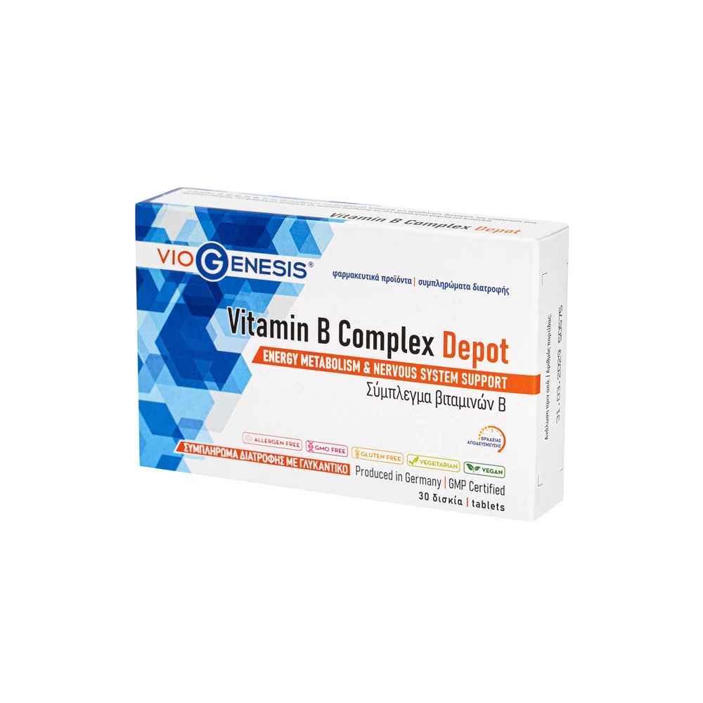 VioGenesis Vitamin B Complex Depot Συμπλήρωμα Διατροφής Βραδείας Αποδέσμευσης Με Σύμπλεγμα Βιταμινών Β 30 ταμπλέτες