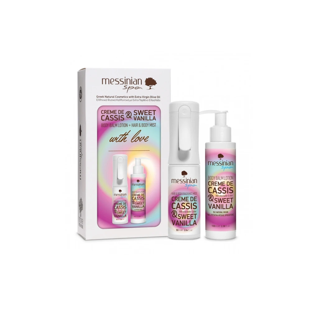 Messinian Spa Promo Creme De Cassis & Sweet Vanilla Hair & Body Mist 90ml & Body Balm Lotion 100ml