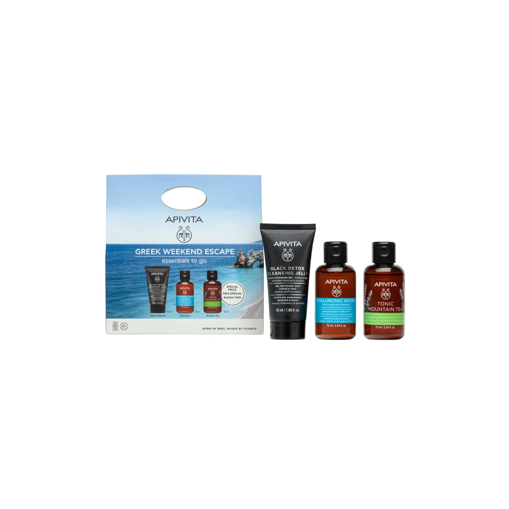 Apivita Promo Greek Weekend Escape Εssentials To Go Cleansing Black Detox Cleansing Jelly Black Cleansing Gel Face & Eyes 50ml & Hyaluronic Hydra Shampoo 75ml & Tonic Mountain Tea Shower Gel 75ml