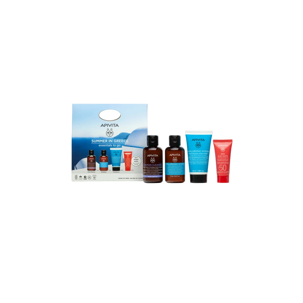 Apivita Promo Summer In Greece Essentials To Go Cleansing Creamy Foam 75ml & Hyaluronic Hydra Shampoo 75ml & Hyaluronic Hydra Conditioner 50ml & Gift Bee Sun Safe Defense Face Cream SPF50 15ml
