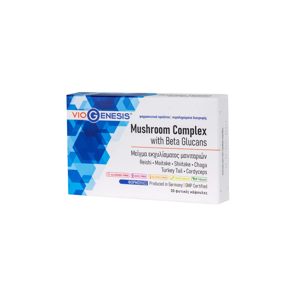 VioGenesis Mushroom Complex Μείγμα Εκχυλίσματος Μανιταριών Reishi Maitake Shiitake Chaga Turkey Tail & Cordyceps Με Βήτα Γλυκάνες & Βιταμίνη C 30 φυτικές κάψουλες