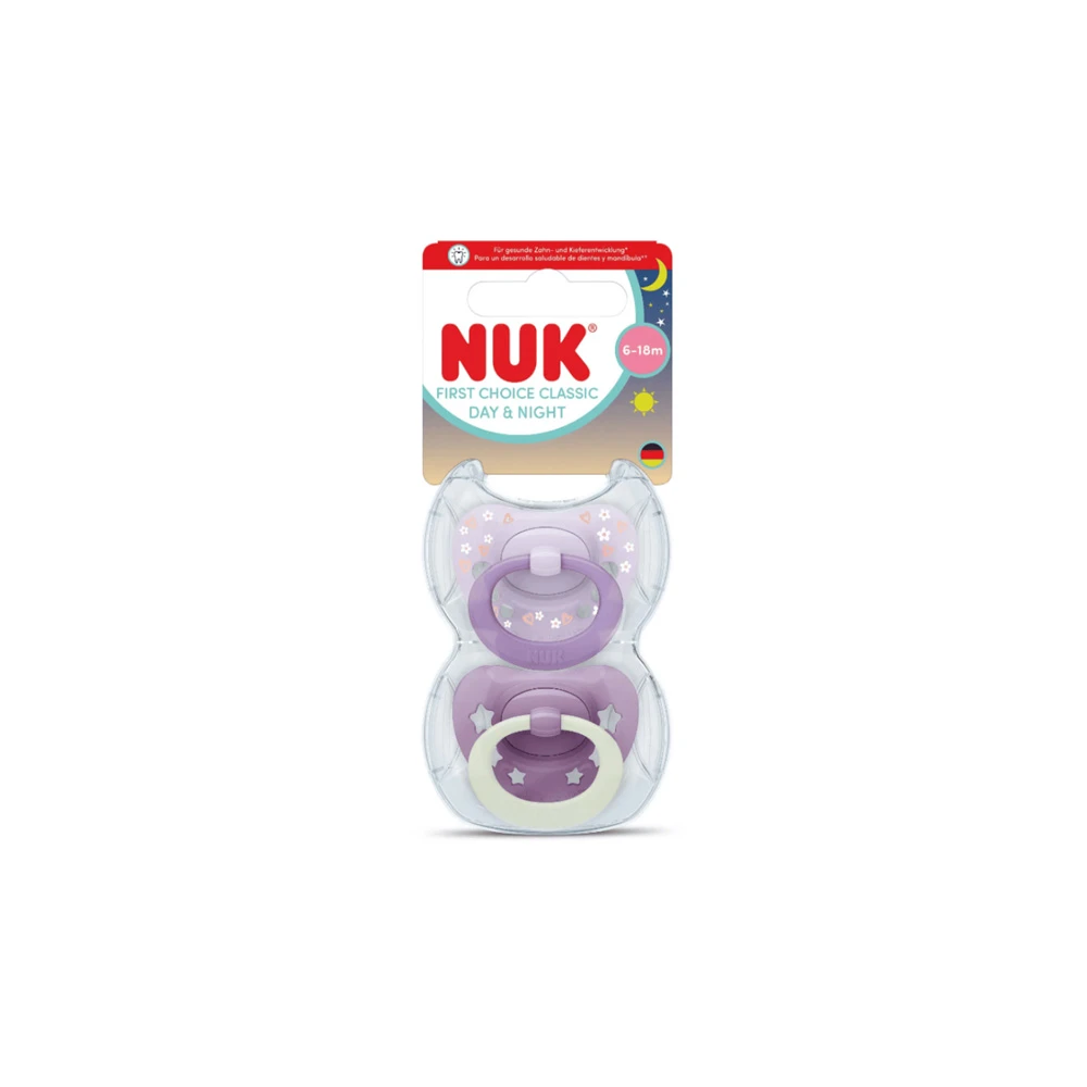 Nuk First Choice Classic Silicone Day & Night Pacifiers Purple With Hearts With Case 6-18 Months 2 pieces
