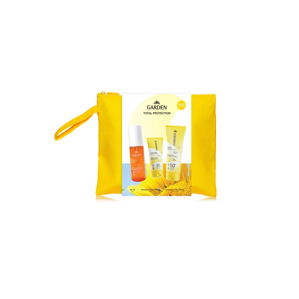 Garden Promo Total Protection Sunscreen Lotion With Pomegranate Extract Face & Body SPF50 75ml & Sunscreen Face Cream With Hyaluronic Acid SPF50+ 25ml & Hair Oil With Sun Protection 100ml